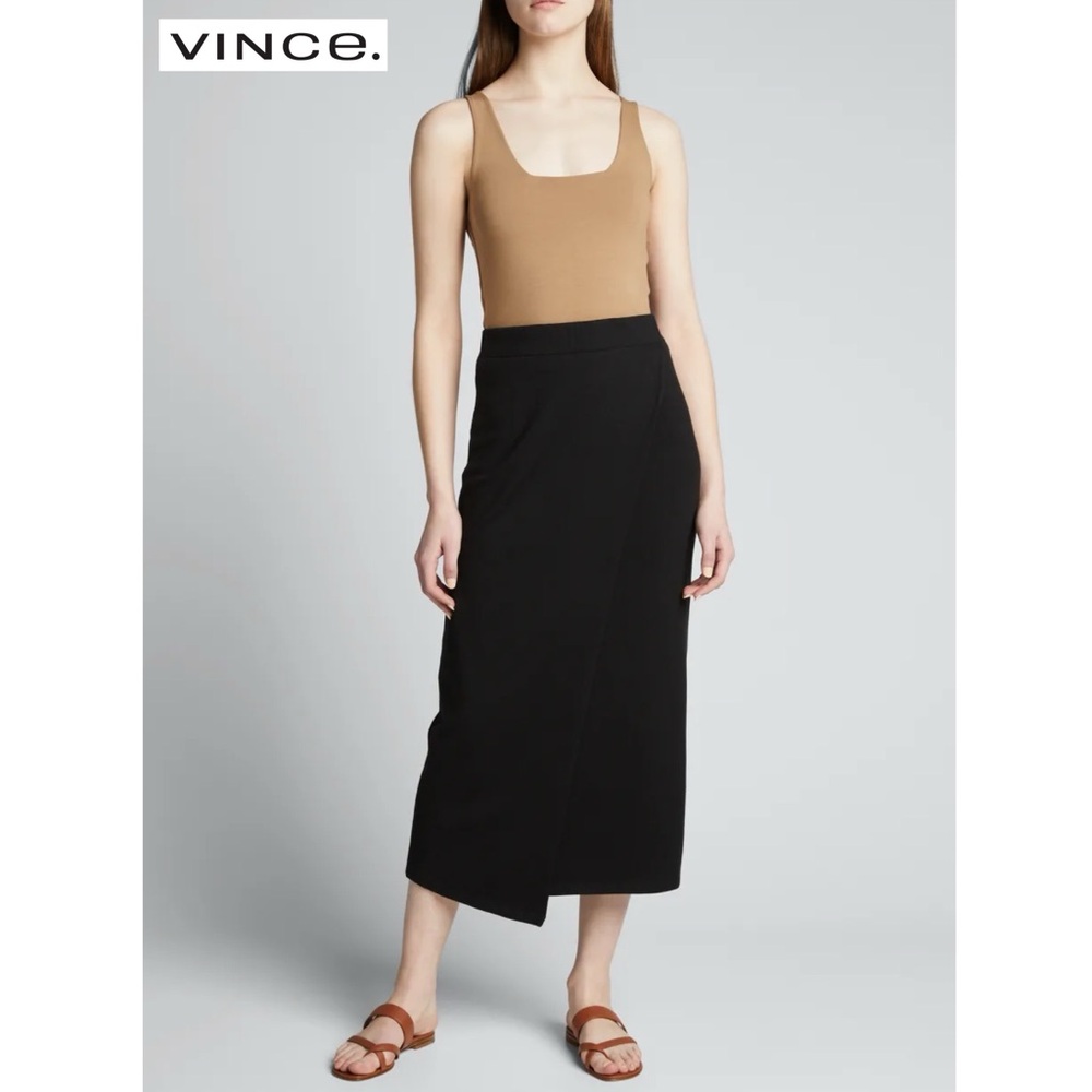 NWT VINCE Asymmetric Overlap Midi Skirt Black Size XXL Faux Wrap Stretch Knit